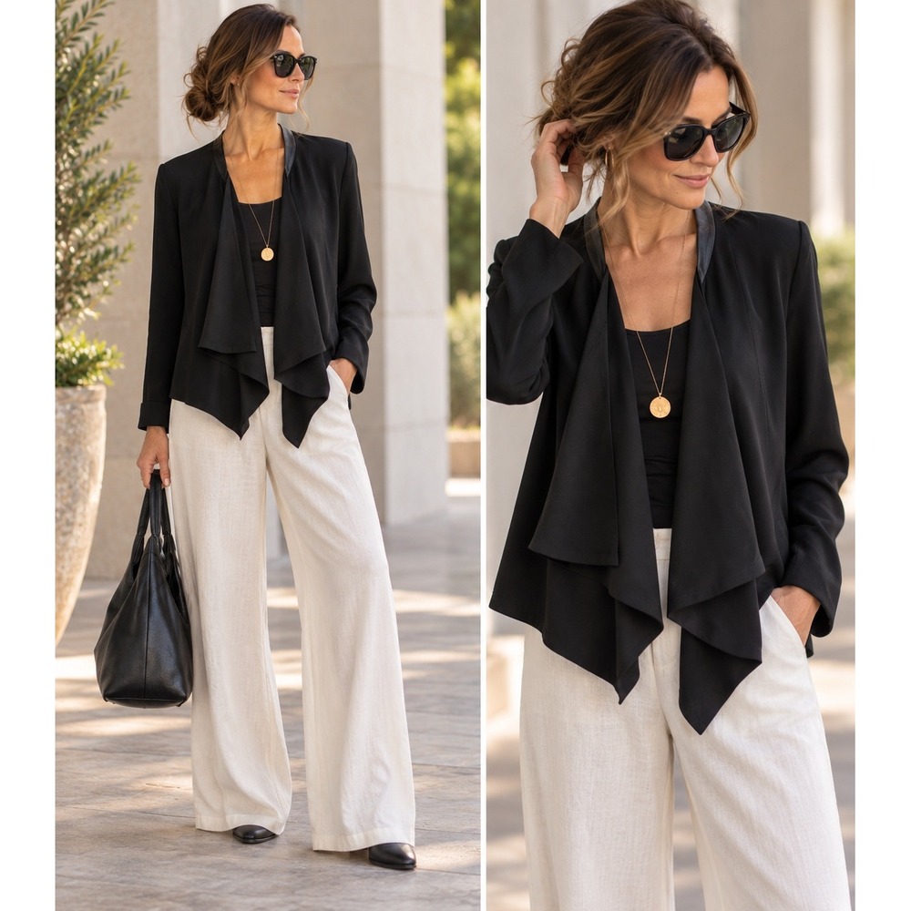 Eileen Fisher Silk Georgette Crepe Draped Jacket Leather Trim Black S Minimalist